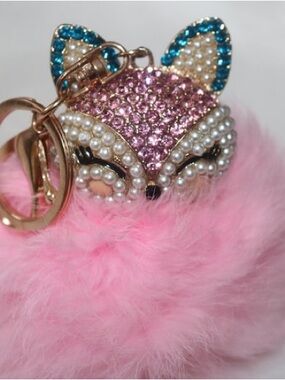 Pink Rhinestone Fox Fluffy Pom-Pom Kawaiicore Keychain. H-6.4” W-3”. New.